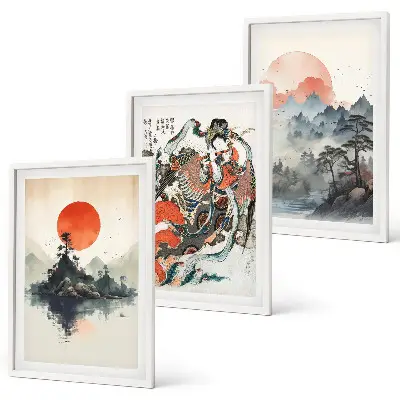 Zidna galerija slike u japandi stilu s motivima iz Azije