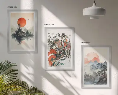 Zidna galerija slike u japandi stilu s motivima iz Azije