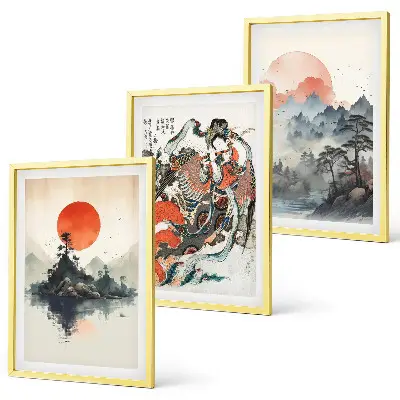 Zidna galerija slike u japandi stilu s motivima iz Azije