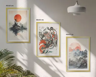 Zidna galerija slike u japandi stilu s motivima iz Azije