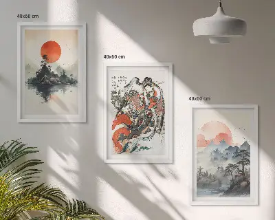 Zidna galerija slike u japandi stilu s motivima iz Azije