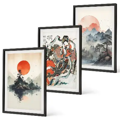 Zidna galerija slike u japandi stilu s motivima iz Azije