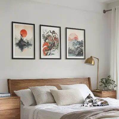 Zidna galerija slike u japandi stilu s motivima iz Azije