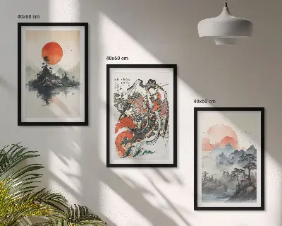 Zidna galerija slike u japandi stilu s motivima iz Azije
