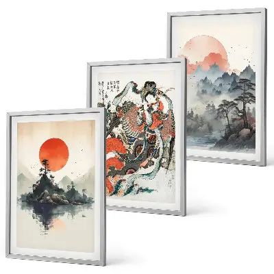 Zidna galerija slike u japandi stilu s motivima iz Azije