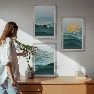 Apstraktni pejzaži zalaska sunca triptih u okviru