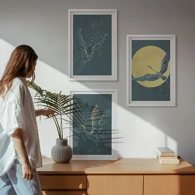 Ždralovi u letu noću set od 3 slike u okviru