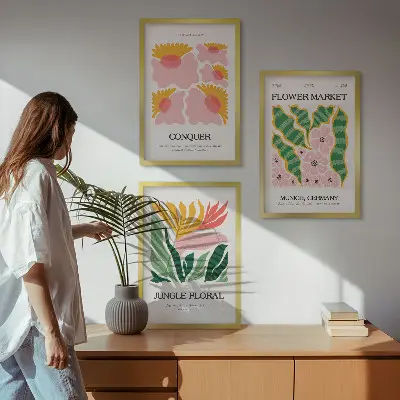 Moderni plakati s motivom cvijeća i lišća triptih u okviru