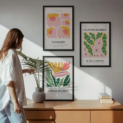 Moderni plakati s motivom cvijeća i lišća triptih u okviru