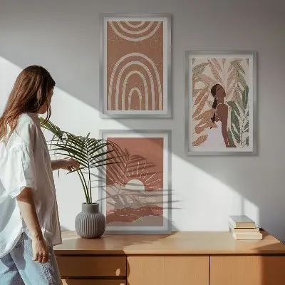 Apstraktni oblici u boho stilu set od 3 slike u okviru