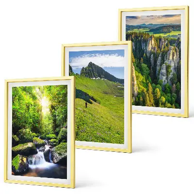 Set od 3 slike u okviru zelene planine i šumska vodopadna scena