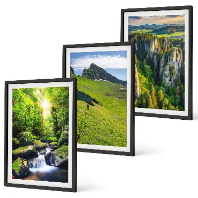 Set od 3 slike u okviru zelene planine i šumska vodopadna scena