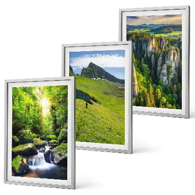 Set od 3 slike u okviru zelene planine i šumska vodopadna scena