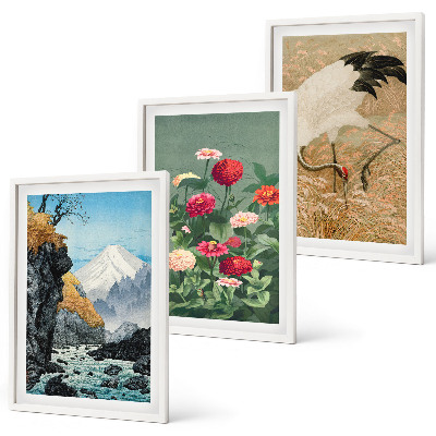 Set 3 slike u okviru Planinski krajolik rijeka cvijeće ždralovi