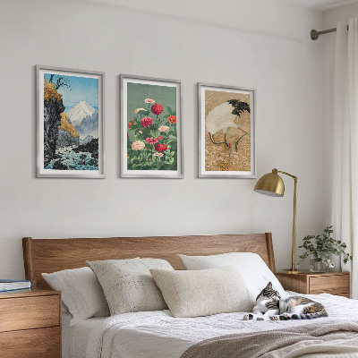 Set 3 slike u okviru Planinski krajolik rijeka cvijeće ždralovi