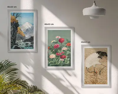 Set od 3 slike u okviru planinski krajolik s rijekom cvijećem i ždralovima