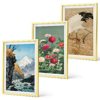Set od 3 slike u okviru planinski krajolik s rijekom cvijećem i ždralovima