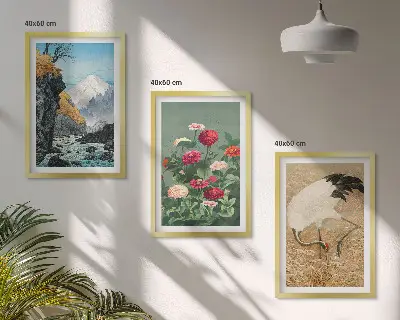 Set od 3 slike u okviru planinski krajolik s rijekom cvijećem i ždralovima