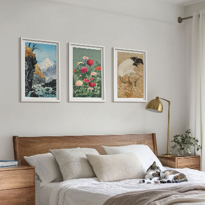 Set 3 slike u okviru Planinski krajolik rijeka cvijeće ždralovi