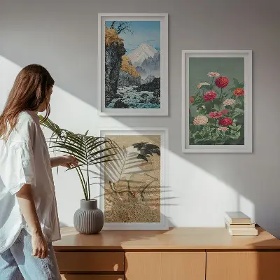Set od 3 slike u okviru planinski krajolik s rijekom cvijećem i ždralovima