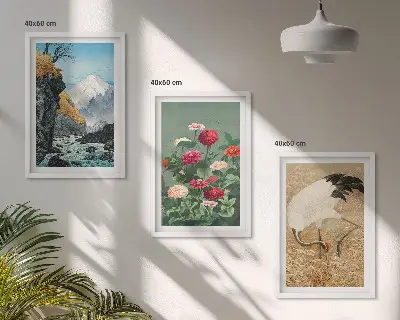 Set od 3 slike u okviru planinski krajolik s rijekom cvijećem i ždralovima