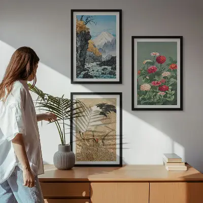 Set od 3 slike u okviru planinski krajolik s rijekom cvijećem i ždralovima