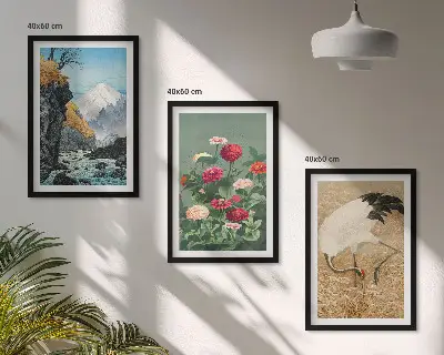 Set od 3 slike u okviru planinski krajolik s rijekom cvijećem i ždralovima