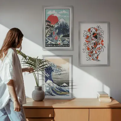 Zidna galerija slika s motivom japanskog vala i planina