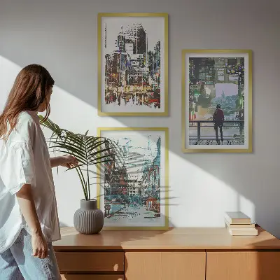 Šareni likovi modernih gradova set 3 slike u okviru