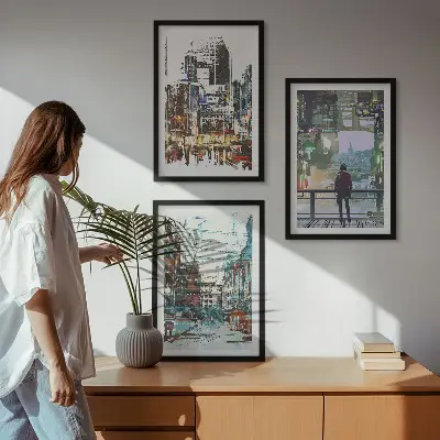 Šareni likovi modernih gradova set 3 slike u okviru