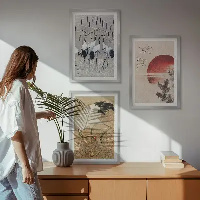 Japanski krajolik ždralova set od 3 slike u okviru