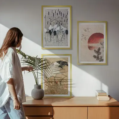 Japanski krajolik ždralova set od 3 slike u okviru