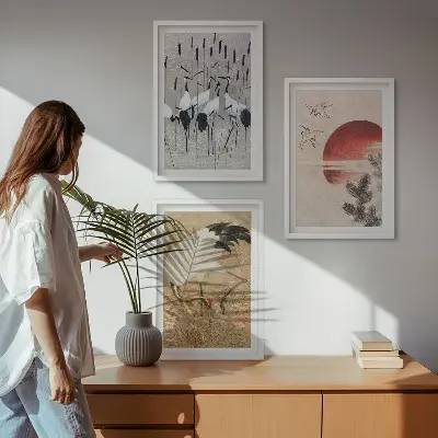Japanski krajolik ždralova set od 3 slike u okviru