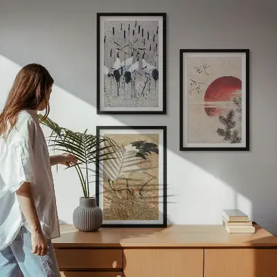 Japanski krajolik ždralova set od 3 slike u okviru