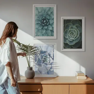 Set 3 slike sa motivom sukulentnih biljaka zelene i tirkizne boje u okviru