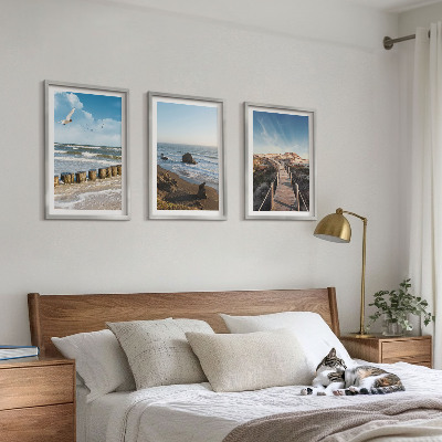 Set 3 slike u okviru plaža valovi nebo mol šetnja