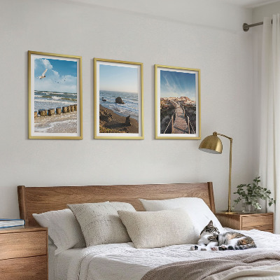 Set 3 slike u okviru plaža valovi nebo mol šetnja