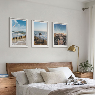 Set 3 slike u okviru plaža valovi nebo mol šetnja