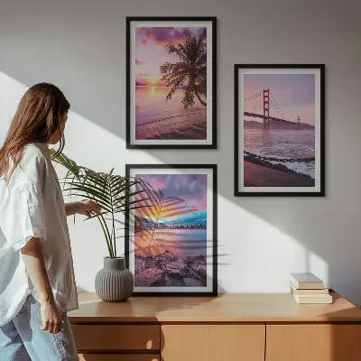 Set 3 slike u okviru pejzaž mosta pri zalasku sunca
