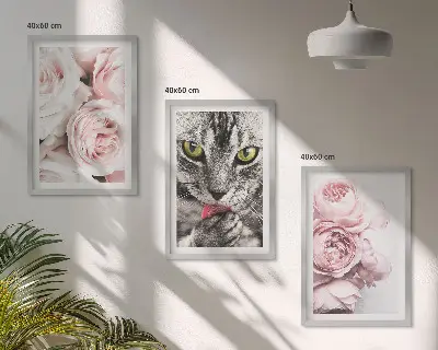 Mačka u ružičastom cvijeću set 3 slike u okviru