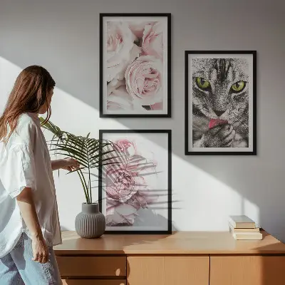 Mačka u ružičastom cvijeću set 3 slike u okviru