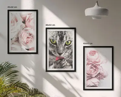 Mačka u ružičastom cvijeću set 3 slike u okviru