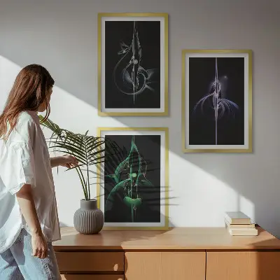 Apstraktni uzorci crne boje triptih u okviru