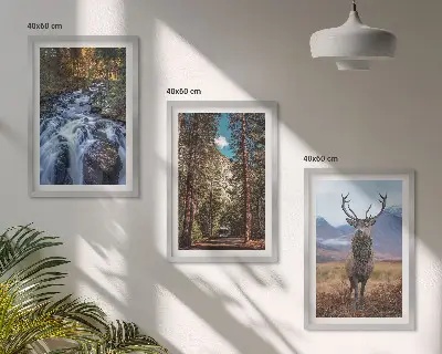 Zidna galerija s motivom vodopada, šume, planine i jelena u prirodi
