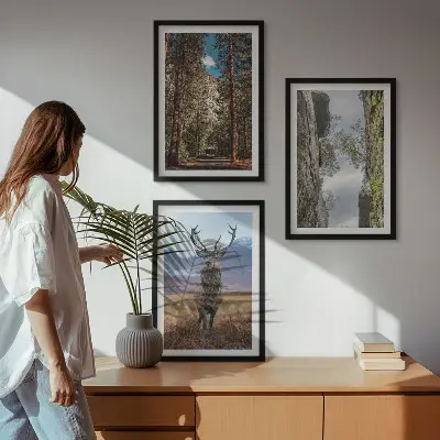 Set od 3 slike u okviru motivi ceste, šume, planine i jelena u prirodi