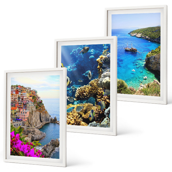 Set 3 slike u okviru Pogled na more, šarene kuće