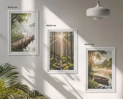 Triptih u okviru krajolik šume, jezera i broda