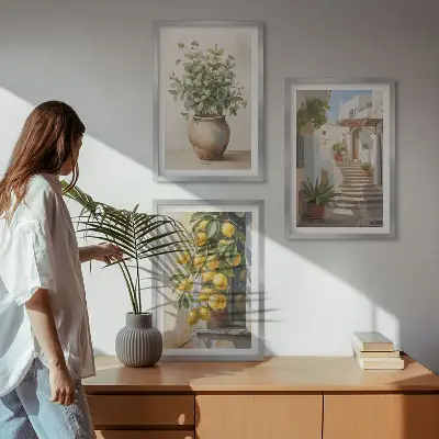Set od 3 slike u okviru ulica s biljkama i lončanicom limuna
