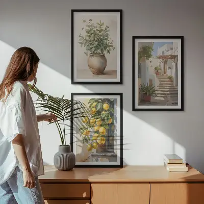 Set od 3 slike u okviru ulica s biljkama i lončanicom limuna