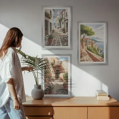 Ulice, kuće, biljke, lonci triptih u okviru
